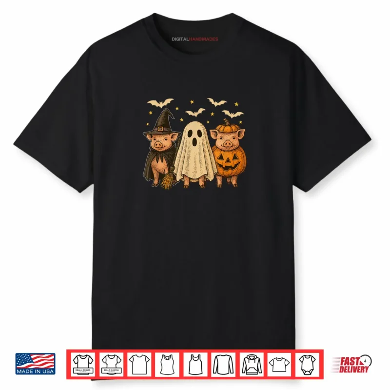 Three Halloween Pigs Cosplay Witch Boo Carved Pumpkin Shirt