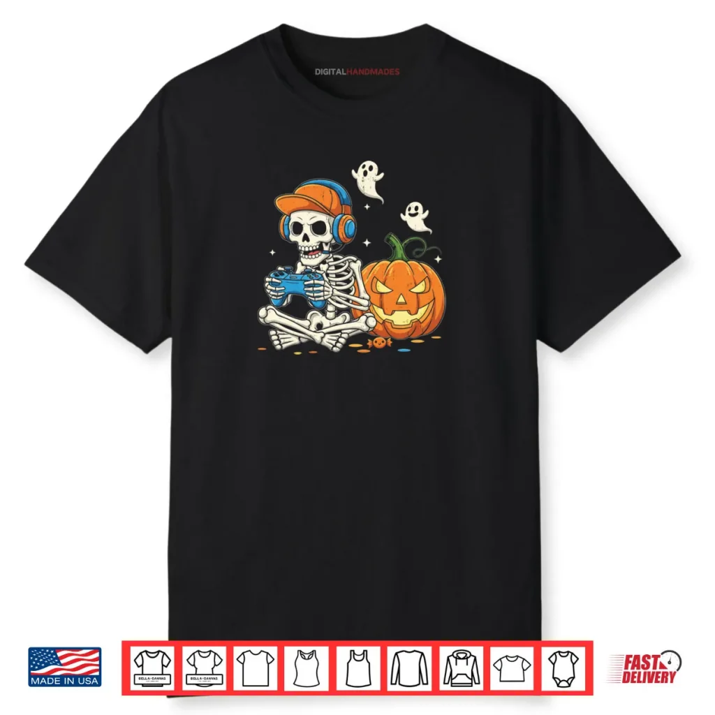 Cool Teen Boy Skeleton Gaming Halloween Shirt