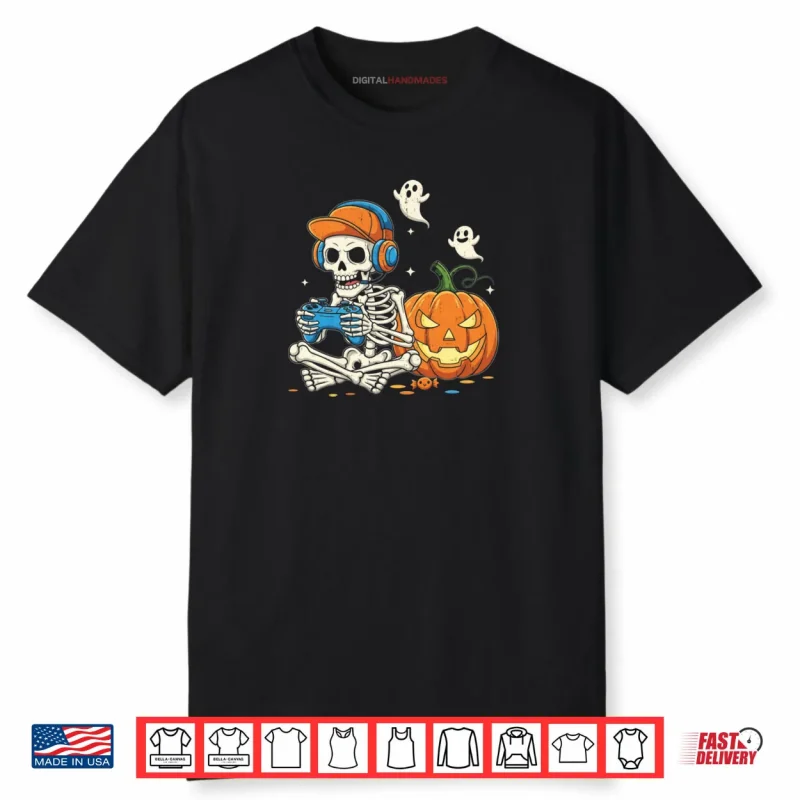 Cool Teen Boy Skeleton Gaming Halloween Shirt