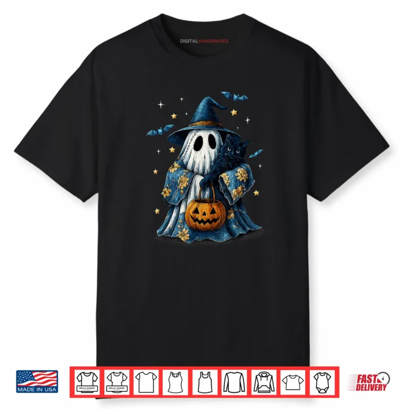 Halloween Ghost Holding Black Cat Groovy Floral Shirt